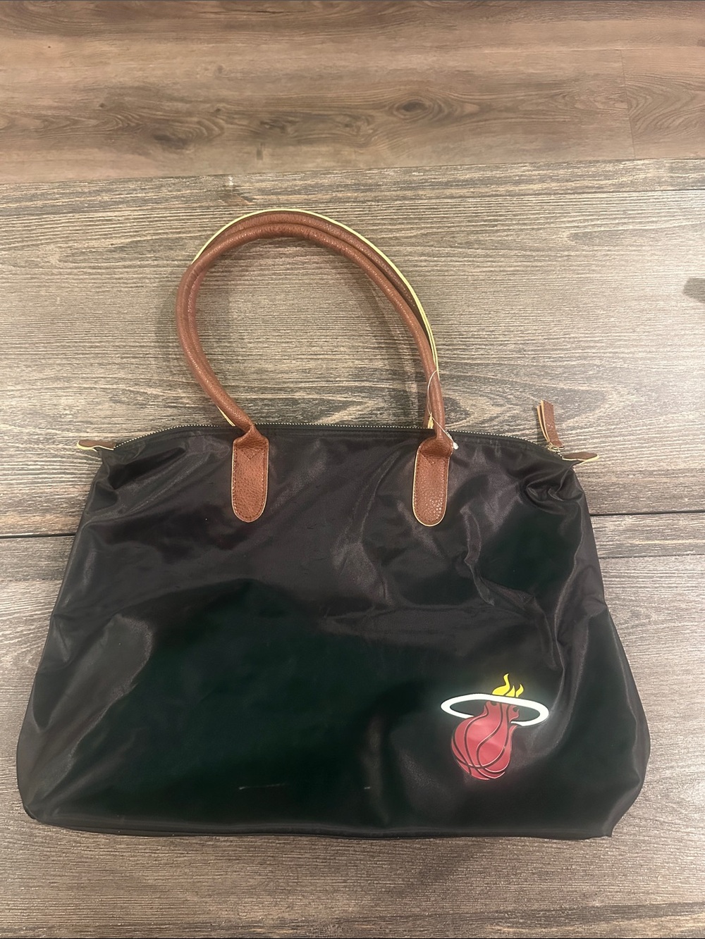 Black Tote Bag with Brown Handles and Miami Heat Logo